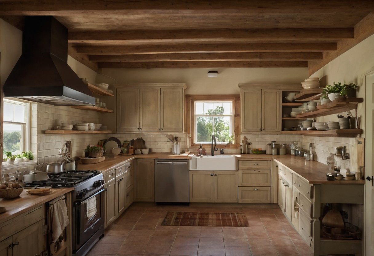 How should country-kitchen ventilation and cleaning control dust and grease editorial visual