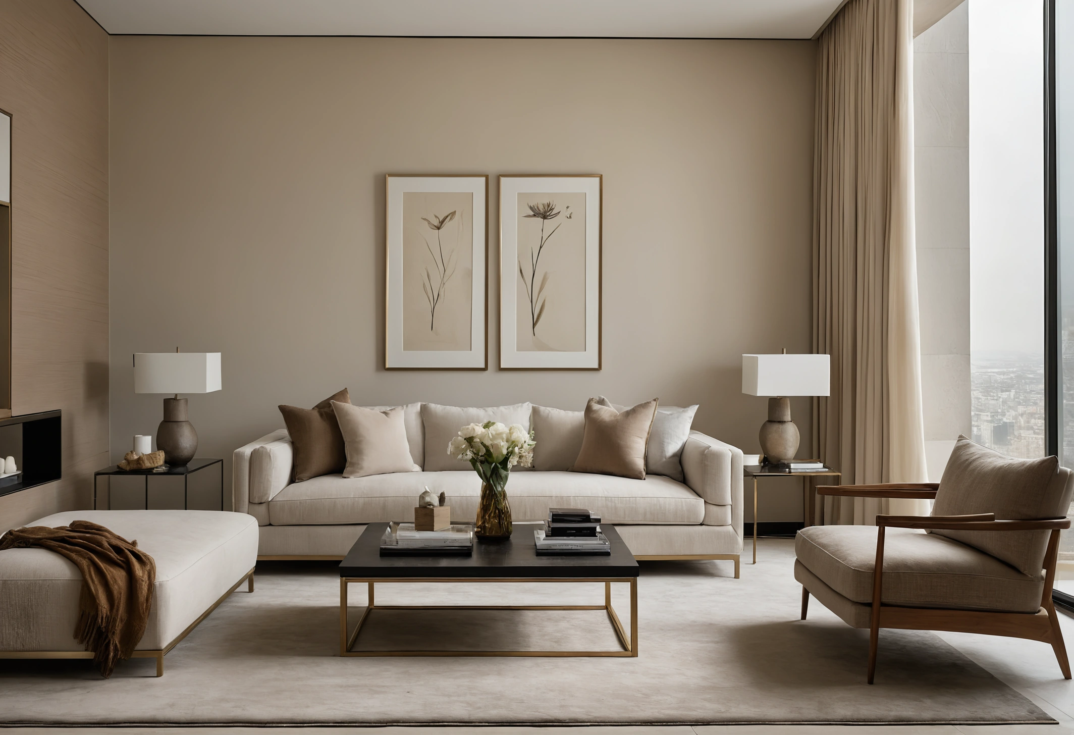 Contemporary Dubai apartment living room with a deep linen sofa, marble coffee table and brass floor lamp against floor-to-ceiling glazing