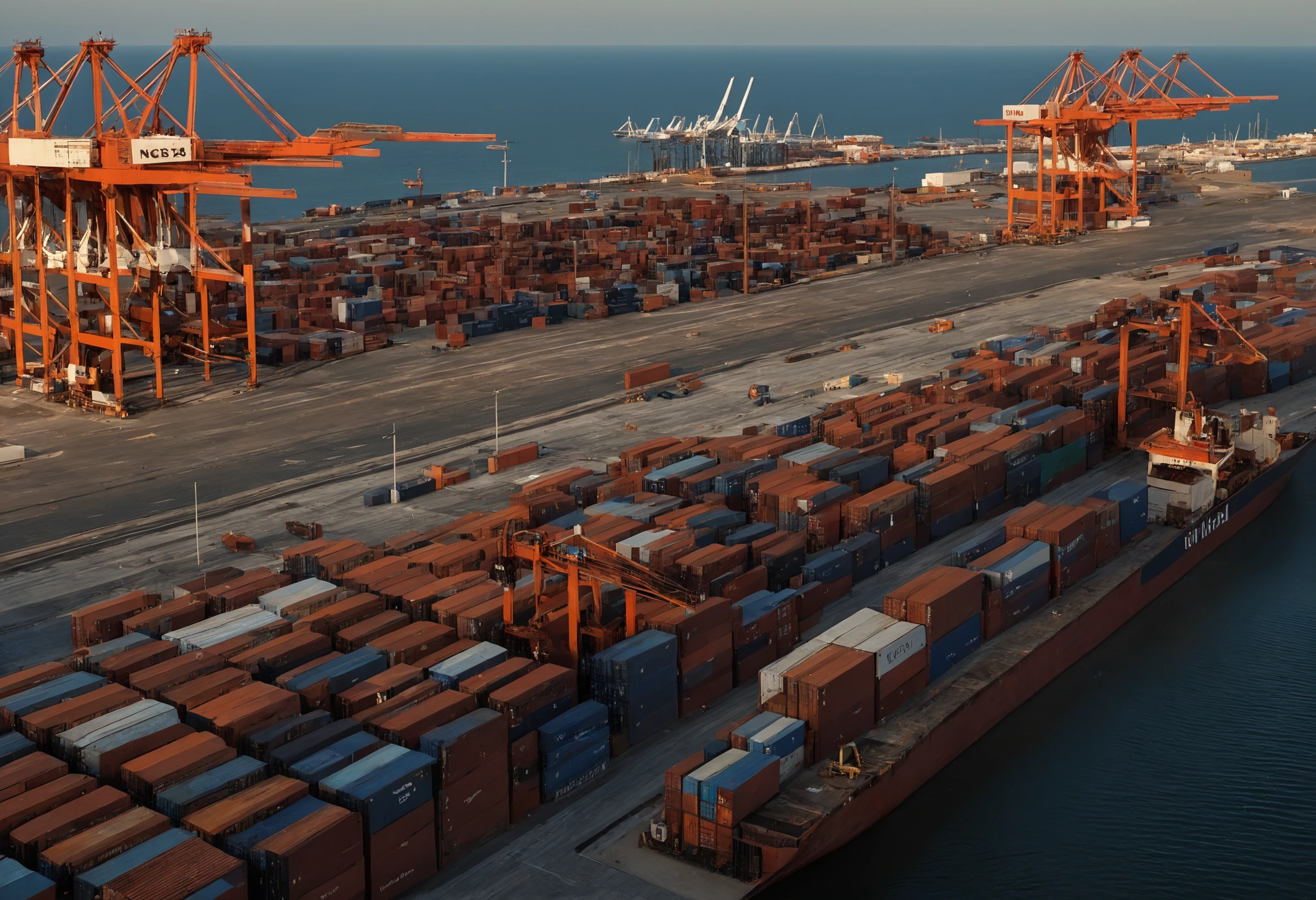 Stacked shipping containers at a Gulf port terminal under strong afternoon light with gantry cranes in the background