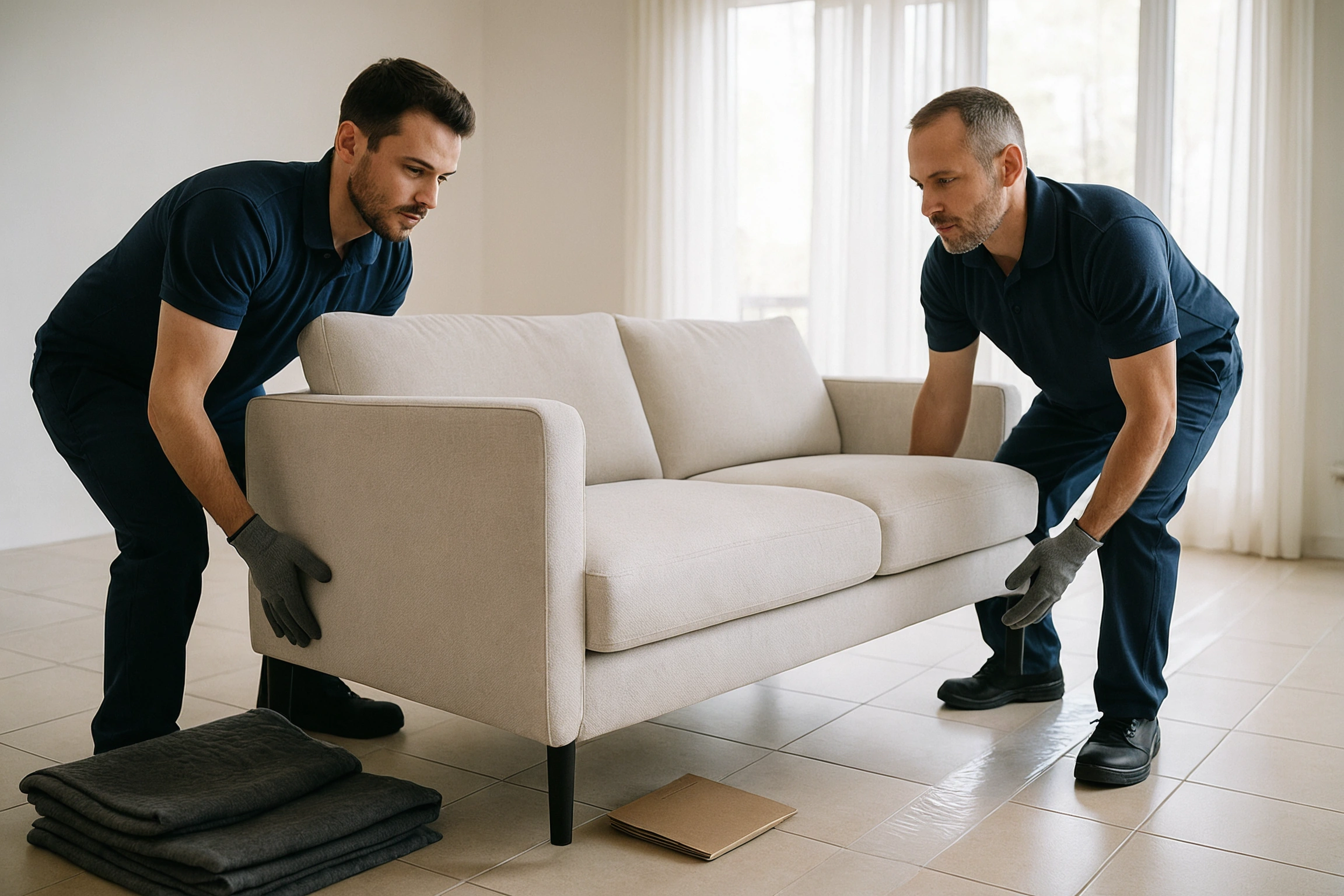 Two installers in gloves carefully positioning a large upholstered sofa section inside an apartment living room