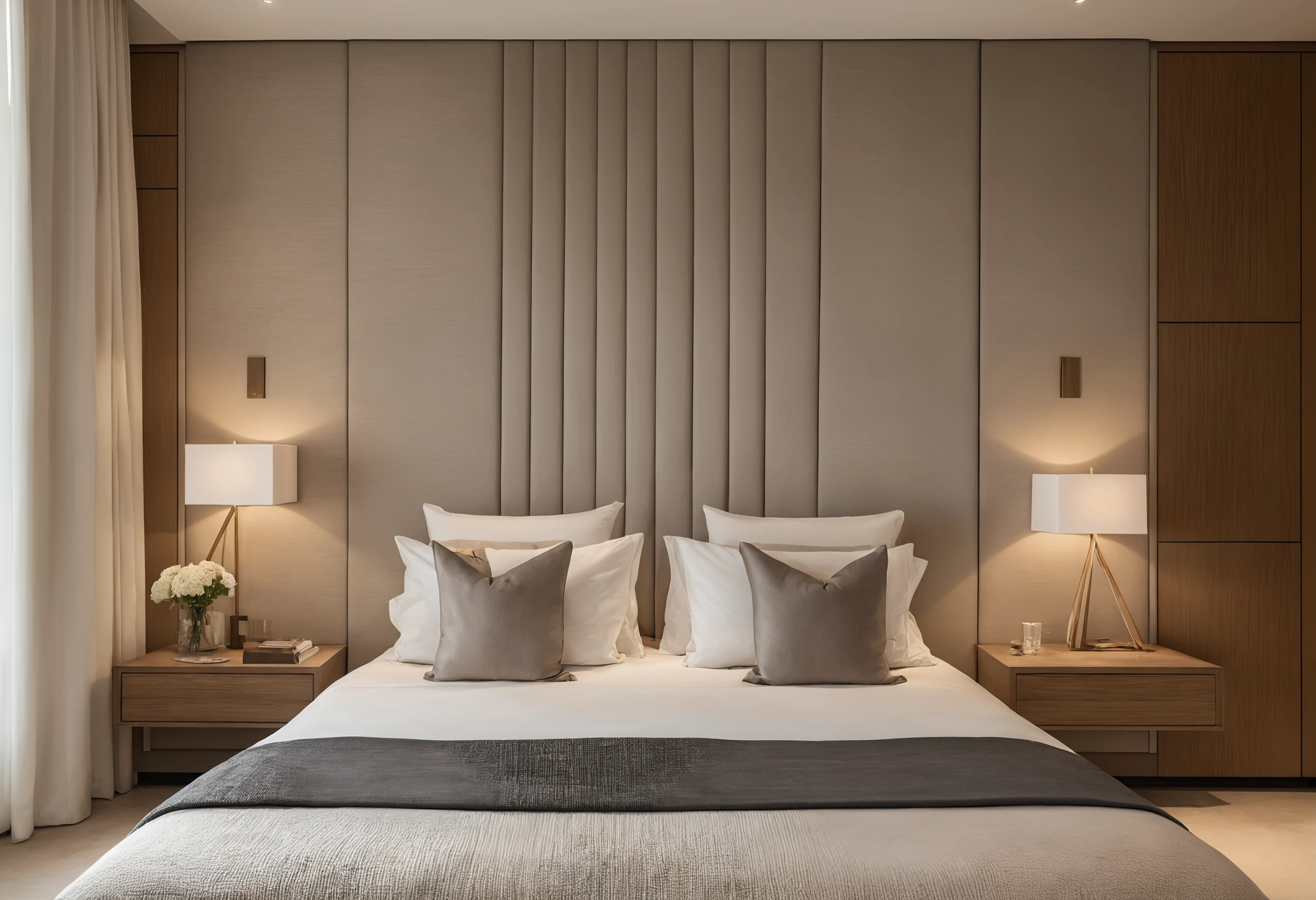 Primary bedroom in a Dubai apartment with an upholstered headboard wall, linen bedding and integrated bedside lighting